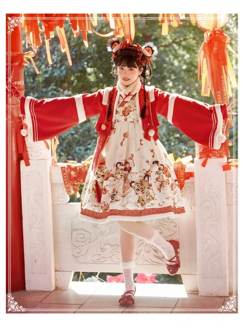 Chinese New Year Style Cute Tigers Printing JSK Sweet Lolita Winter Red Sleeveless Dress Short Coat Set 8 Chinese New Year Style Cute Tigers Printing JSK Sweet Lolita Winter Red Sleeveless Dress Short Coat Set - Image 6