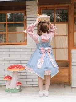 Plum Flower Snow Rabbit Series Sweet Lolita Blue Pink Plum Flower Bowknot Decoration Long Sleeve Shirt Sleeveless Dress Set -MIMY Lolita Shop 6 500x672 299
