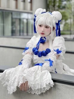 White Moon Series Chinese Style New Chinese Style Three-Dimensional Jacquard Blue Rose Bowknot Decoration Gothic Lolita Short-Sleeved Dress -MIMY Lolita Shop 6 500x672 3