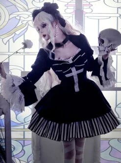 Requiem Series Classical Velvet Lace Cross Halloween Stripe Hem Gothic Lolita Long Sleeve Dress -MIMY Lolita Shop 6 500x672 30