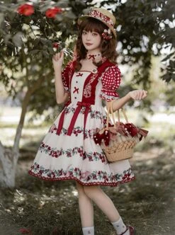 Midsummer Orchard Series Pastoral Style Ruffle Red Cherry Bunny Print Sweet Lolita Checkered Puff Sleeves Dress -MIMY Lolita Shop 6 500x672 303