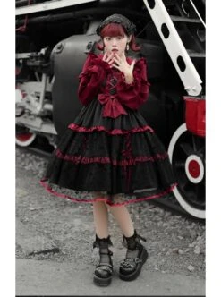 Silent Portrait Series JSK Red Bowknot Three-stage Hem Black Sweet Lolita Ruffle Sling Dress -MIMY Lolita Shop 6 500x672 305