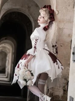 Romeo Series Lacing Stand Collar Chest Hollow Irregular Hem Bloody Gothic Lolita Mid-Sleeved Dress -MIMY Lolita Shop 6 500x672 31