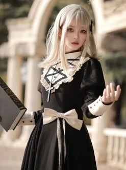 Twilight Mail Series White Ruffled Edge Splicing Black Big Hem Bowknot Classic Lolita Juliet Sleeves Dress -MIMY Lolita Shop 6 500x672 322