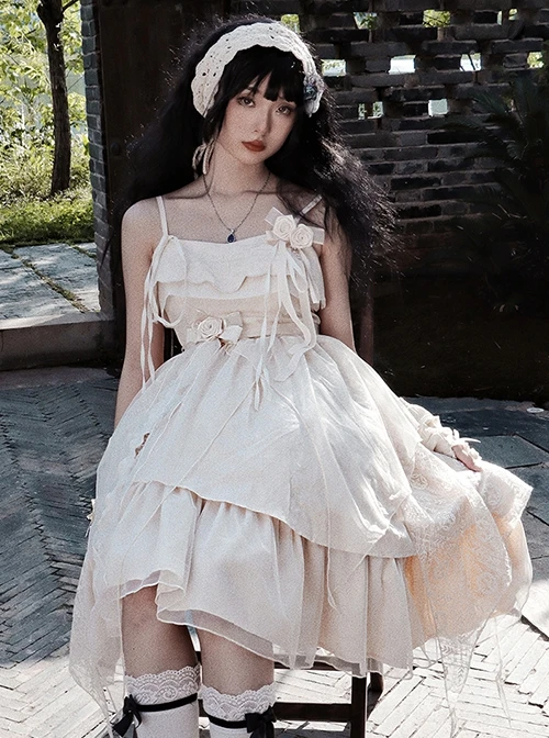 Pure Color Irregular Skirt Three-Dimensional Flower Corsage Waist Chain Elegant Sleeveless Classic Lolita Dress 6 Pure Color Irregular Skirt Three-Dimensional Flower Corsage Waist Chain Elegant Sleeveless Classic Lolita Dress - Image 4