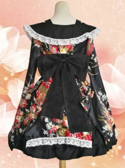 Japanese Style Flowers Printing Bowknot Black Kimono Classic Lolita Dress -MIMY Lolita Shop 6 500x672 335