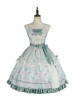 MIMY Lolita Shop 29 Spring Summer Elegant Lily Of The Valley Print Fresh Lace Bowknot Decoration Classic Lolita Sleeveless Dress Set