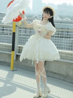 Spring Summer Pure Color Puff Sleeve Elegant Bowknot Decoration Detachable Trailing Classic Lolita Short-Sleeved Dress -MIMY Lolita Shop 6 500x672 348