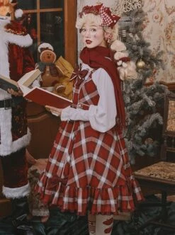 Christmas Eve's Carol Series Red Plaid Sweet Red Bow Simple A-Line Skirt Christmas Classic Lolita Sleeveless Dress -MIMY Lolita Shop 6 500x672 365