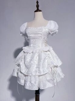 Butterfly Bone Series Pure White Dark Pattern Jacquard Texture Ruffles Embroidered Butterfly Lace Classic Lolita Puff Sleeves Dress OP -MIMY Lolita Shop 6 500x672 389