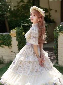 Edwardian Collar Bowknot Decoration Puff Sleeves Lace Ruffles Exquisite Printing Mosaic Crystal Yarn Classic Lolita Short-Sleeved Dress -MIMY Lolita Shop 6 500x672 406