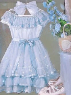 Daughter Of The Sea Series Light Blue Sling One-Shoulder Dreamy Fine Glitter Butterfly Embroidery Classic Lolita Sleeveless Dress -MIMY Lolita Shop 6 500x672 408
