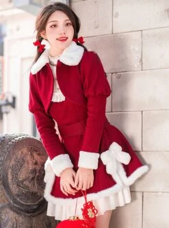 White Plush Round Neck Plush Bow-Knot Slit Hem Design Winter Classic Lolita Sleeveless Dress -MIMY Lolita Shop 6 500x672 412