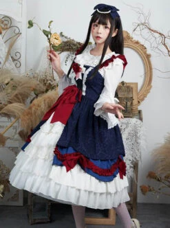 Delicate Print Ornament Pleated Lace Red Bow Knot Design Cross Tie Jacquard Lace Classic Lolita Dress -MIMY Lolita Shop 6 500x672 416