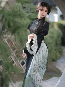 Orchid Pavilion Frosty Moonlit Night Chinese Style Retro Dark Black Witch Sexy Slim Puff Ruffled Sleeves Splice Lace Gothic Lolita Dress Cheongsam -MIMY Lolita Shop 6 500x672 42