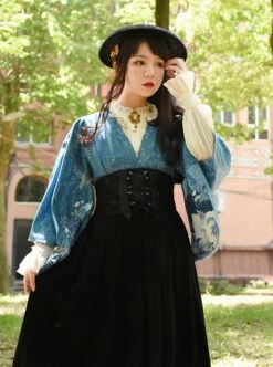 Japanese Style Pure Color Sexy Deep V Print Wide Sleeved Classic Lolita Long-Sleeved Dress -MIMY Lolita Shop 6 500x672 424