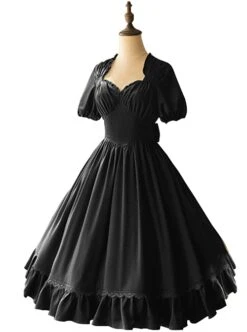 Elegant Satin Lace Lace Collar Tunic Slim Fit Multicolor Puff Short Sleeve Bow Belt Classic Lolita Dress -MIMY Lolita Shop 6 500x672 427