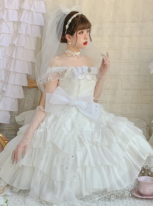 Snow Series JSK Solid Color Layered Pleated Lace Jacquard Star Embroidery Hem Bow Knot Decoration Sequin Pearl Classic Lolita Dress 3 Snow Series JSK Solid Color Layered Pleated Lace Jacquard Star Embroidery Hem Bow Knot Decoration Sequin Pearl Classic Lolita Dress