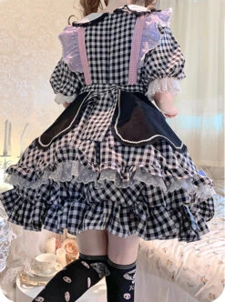 Cute Pastry Chef Checkerboard Design Pleated Ruffled Hem Bow Knot Apron Doll Neckline Classic Lolita Dress -MIMY Lolita Shop 6 500x672 454