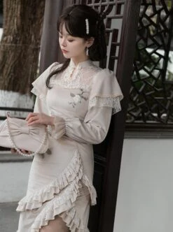 Chinese Style Improved Cheongsam Stand Collar Stitching Translucent Lace Camellia Flower Embroidery Classic Lolita Long-Sleeved Dress -MIMY Lolita Shop 6 500x672 464