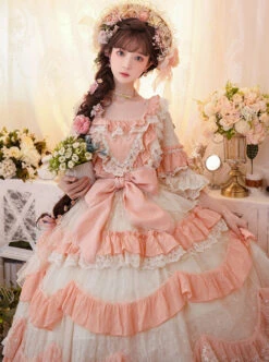 Flower Garden Series OP Pink Pastoral Retro Girl Style Delicate Lace Jacquard Trim Bow Knot Classic Lolita Short Sleeve Dress -MIMY Lolita Shop 6 500x672 480