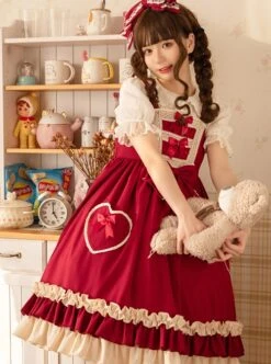 Hawthorn Milk Cover Series Red Cute Daily Lace Bow-Knot Love Heart Decoration Ruffle Hem Classic Lolita Sleeveless Dress -MIMY Lolita Shop 6 500x672 484