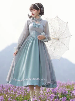 Gray Blue Chiffon Elegant JSK Classic Lolita High Waist Long Style Dress -MIMY Lolita Shop 6 500x672 487