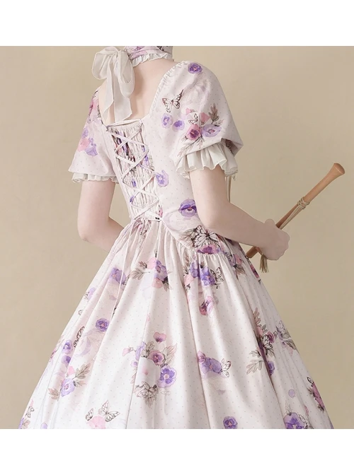 Sen Department Fresh Small Square Neck Rose Pattern Print White Bubble Short Sleeve Slim Fit Classic Lolita Dress 5 Sen Department Fresh Small Square Neck Rose Pattern Print White Bubble Short Sleeve Slim Fit Classic Lolita Dress - Image 3