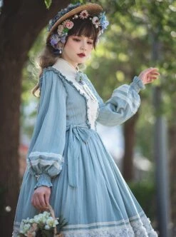 Classic Lolita Simple Jacquard Lace Embroidery Pleated Ruffle Pure Cotton Bow Brooch Decoration Long Sleeves Dress -MIMY Lolita Shop 6 500x672 497