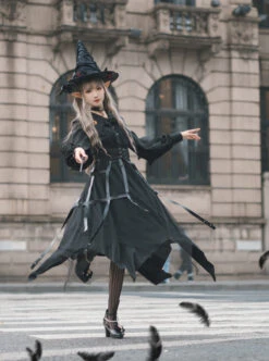 Cat-eye Series OP Black Halloween Darkness Retro Irregular Hem Gothic Lolita Long Sleeve Dress -MIMY Lolita Shop 6 500x672 5