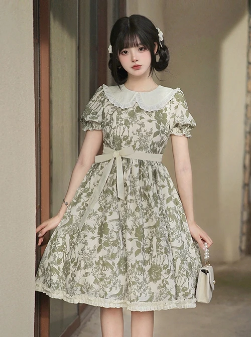 Secret Garden Series Elegant Fresh Doll Collar Bowknot Decorated Green Plant Printed Ruffle Hem Classic Lolita Puff Sleeve Dress 4 Secret Garden Series Elegant Fresh Doll Collar Bowknot Decorated Green Plant Printed Ruffle Hem Classic Lolita Puff Sleeve Dress - Image 2