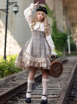 Backlight Memories Record Grey Khaki Check Design Cross Tie Bow Knots Grace Pleated Lace Classic Lolita Slip Dress