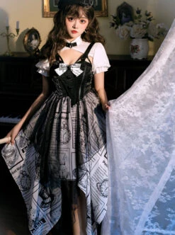 Black White Alice Series OP Retro Splicing Irregular Hem Punk Lolita Short Sleeve Dress -MIMY Lolita Shop 6 500x672 533