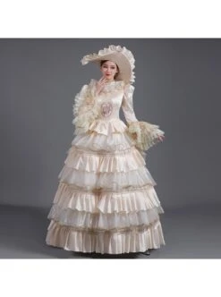 Champagne Classical Style Long Sleeve Multilayer Delicate Lace Collar And Hem Court Prom Lolita Dress -MIMY Lolita Shop 6 500x672 585