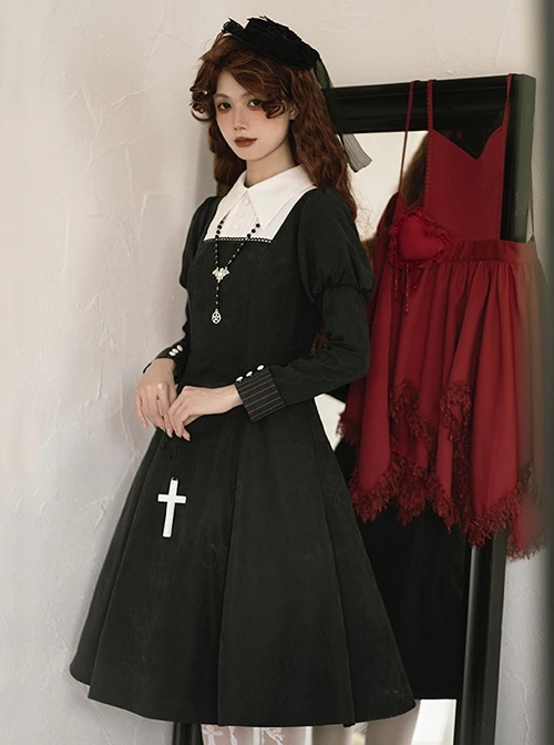 Redemption Cross Series Gothic Lolita Bat Necklace Nun Style Black Holiness Puff Long Sleeve Dress 7 Redemption Cross Series Gothic Lolita Bat Necklace Nun Style Black Holiness Puff Long Sleeve Dress - Image 5