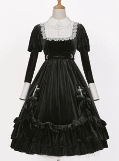 Black Velvet Vintage Elegant Lace Lapel Pearl Crucifix Decorative Gothic Lolita Long Sleeve Dress 10 Black Velvet Vintage Elegant Lace Lapel Pearl Crucifix Decorative Gothic Lolita Long Sleeve Dress -MIMY Lolita Shop 6 500x672 65
