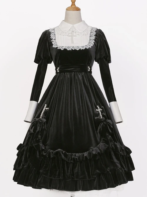 Black Velvet Vintage Elegant Lace Lapel Pearl Crucifix Decorative Gothic Lolita Long Sleeve Dress 5 Black Velvet Vintage Elegant Lace Lapel Pearl Crucifix Decorative Gothic Lolita Long Sleeve Dress - Image 3
