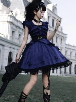 Cycle Series Klein Blue Velvet Halloween Cross Lace Gothic Lolita Short Sleeve Dress -MIMY Lolita Shop 6 500x672 76