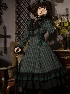 Gothic Style Elegant Retro Stand Collar Stripe Contrasting Color Slim Fit Gothic Lolita Long Sleeve Dress -MIMY Lolita Shop 6 500x672 78