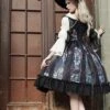 Black Classical Palace Style Gorgeous Colorful Windows Retro Lace Necklace Hat Gothic Lolita Long Sleeves Dress Set