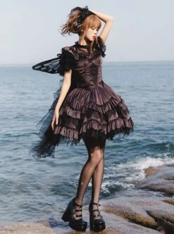 Silent Melody Series Ballet Style Pure Color Backless Elegant Lace Stitching Gothic Lolita Short Sleeve Dress -MIMY Lolita Shop 6 500x672 84