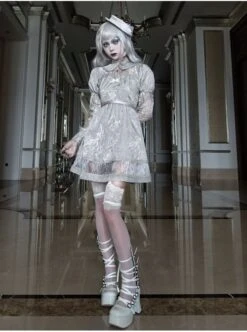 Rose Funeral Series White Gothic Lolita Dirty Dyed Jacquard Cute Doll Collar Long Sleeve Dress -MIMY Lolita Shop 6 500x672 9