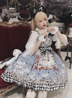 Gothic Style Alice Poker Black-White Plaid Printing Gray Blue Gothic Lolita Sleeveless Dress -MIMY Lolita Shop 6 500x672 93