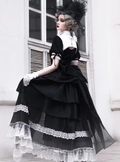 Undead Prayer Series Nun Style Black-White Cross Embroidered Fishtail Skirt Lace Cover Skirt Gothic Lolita Short-Sleeved Dress -MIMY Lolita Shop 7 500x672 104