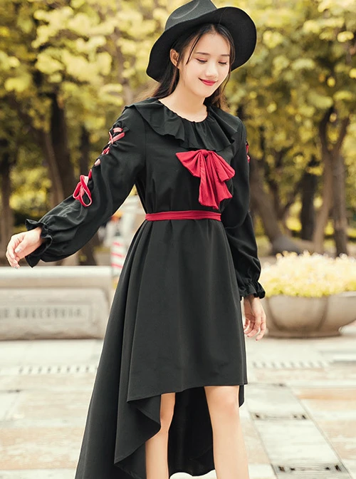 Black Bind Strap Bowknot Gothic Lolita Long Sleeve Dress 7 Black Bind Strap Bowknot Gothic Lolita Long Sleeve Dress - Image 5