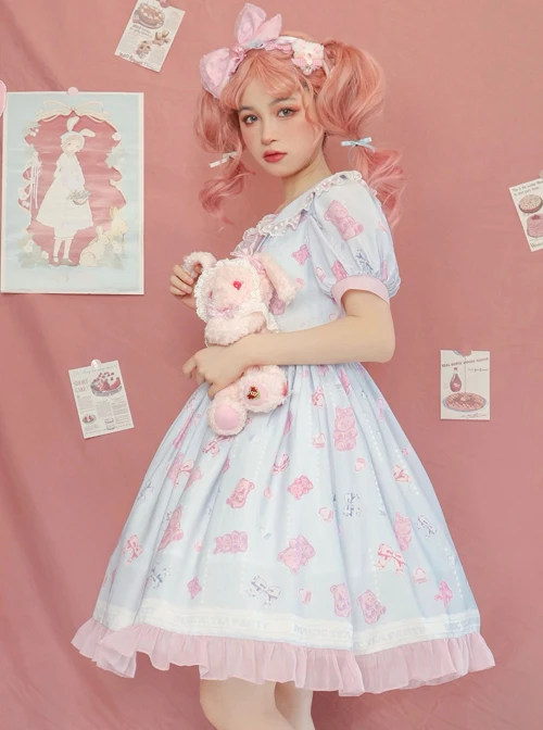 Jelly Bear Series OP Cute Printing Sweet Lolita Short Sleeve Dress 7 Jelly Bear Series OP Cute Printing Sweet Lolita Short Sleeve Dress - Image 5