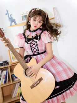 Tsubaki Sakura Series OP Idol Singing Clothes Black Sweet Pink Plaid Sweet Lolita Short Sleeve Dress -MIMY Lolita Shop 7 500x672 129
