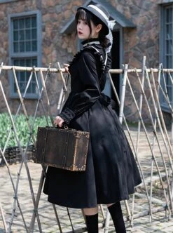 Olivia Series Black Small Stand Collar Ruffles White Round Splice V Shape Line Elegant Large Hem Gothic Lolita Lantern Long Sleeve Dress -MIMY Lolita Shop 7 500x672 13