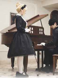 Master Reaper And Black Maid Series OP V-Neck Double Pleated Lace Flower Buttons Gold Rose Embroidery Simple Black Gothic Lolita Long Sleeve Dress -MIMY Lolita Shop 7 500x672 14