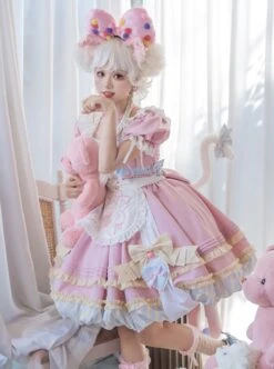 Pink Sweet Cute Little Maid Print Apron Puff Sleeves Bowknot Decoration Girls Sweet Lolita Short Sleeve Dress -MIMY Lolita Shop 7 500x672 149